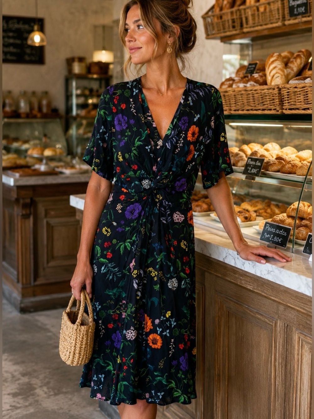 New Amour Vert Joselle midi dress in Stella navy floral, Size Large, Made in USA